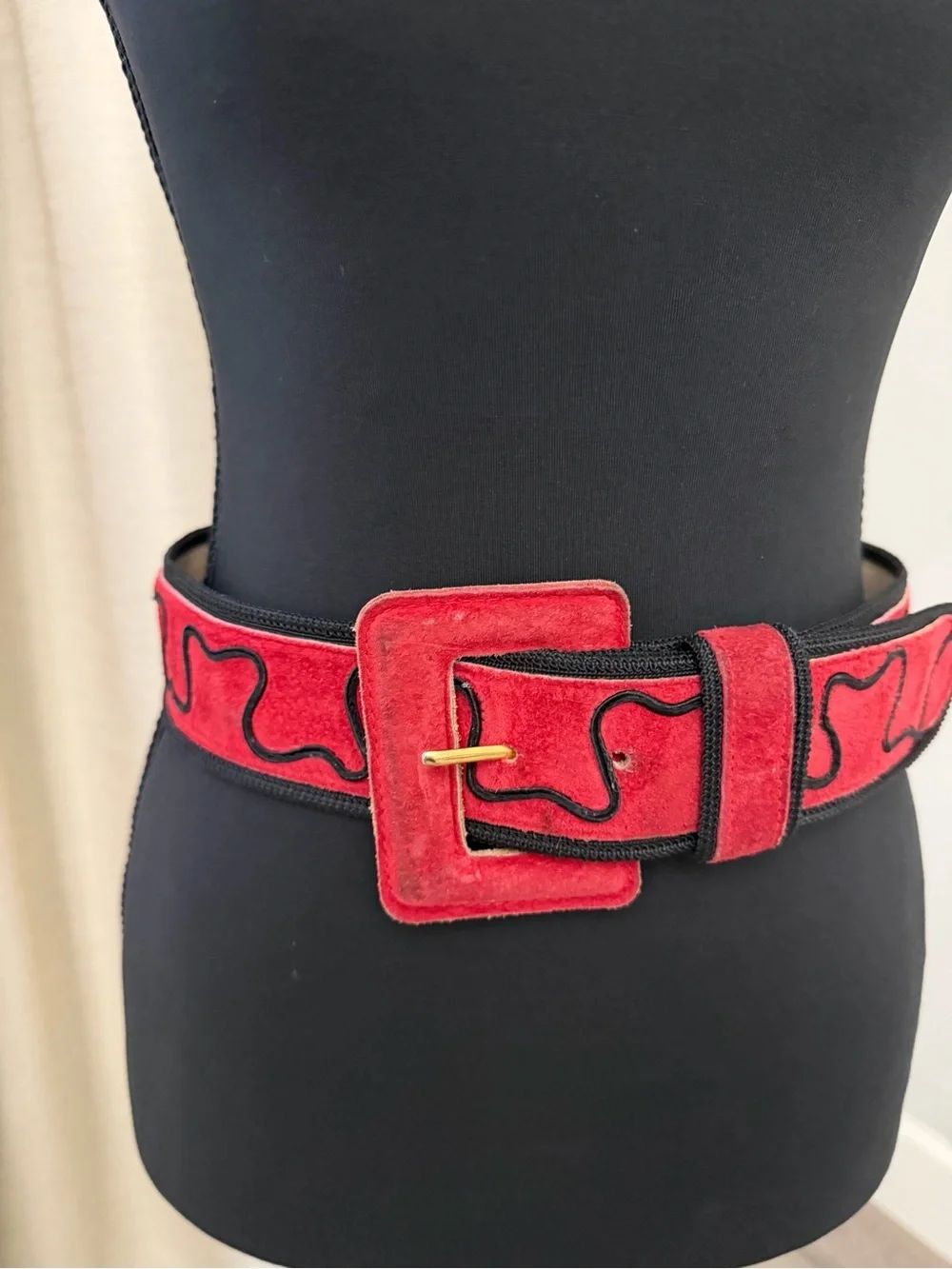 Amanda Smith Genuine Leather Red Suede Belt with Sculpted Black Trim